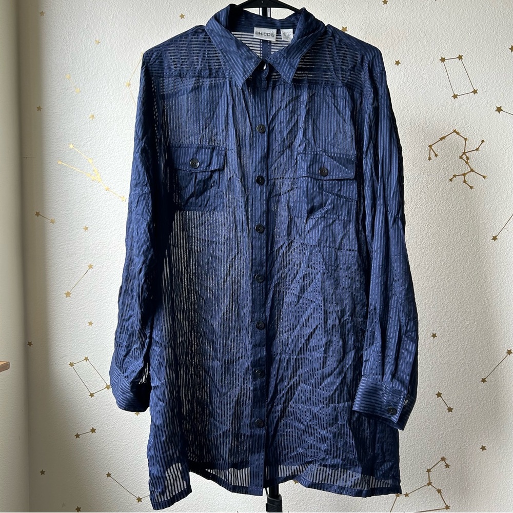 Vintage Chico’s Navy Blue Silk Long-sleeve Sheer/Solid Striped Button up Blouse